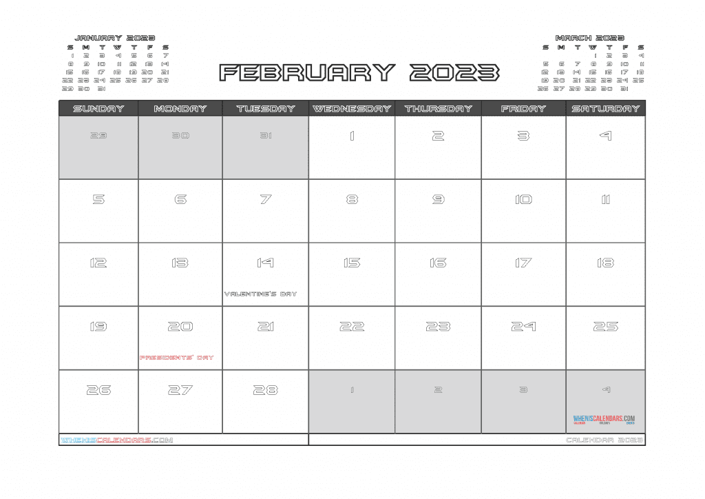 Download Free Printable February 2023 Calendar with Holidays PDF in Landscape