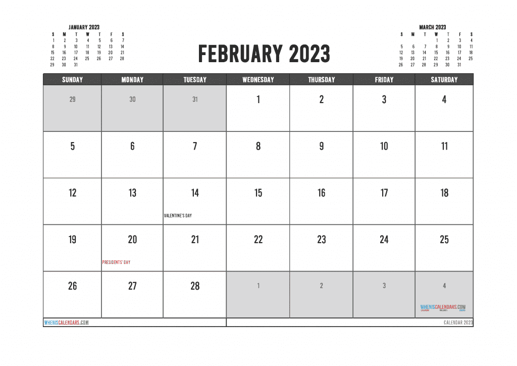 Free February 2023 Calendar Printable PDF in Landscape and Portrait Page Orientation