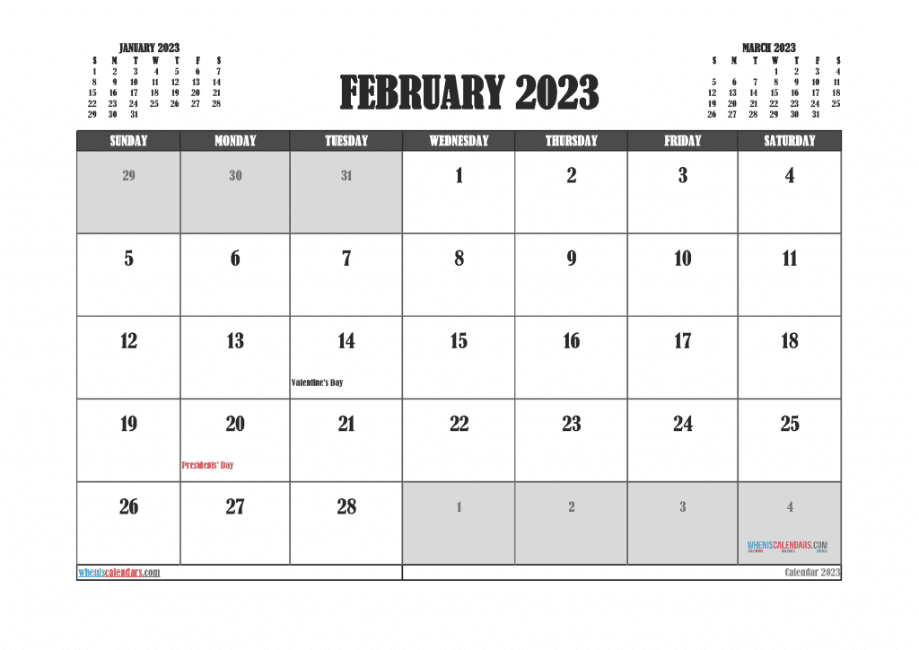 Free February 2023 Calendar Printable PDF Downloadable in Landscape and Portrait Page Orientation