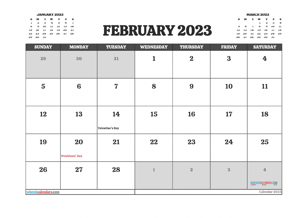 Free Printable February Calendar 2023 with Holidays in Landscape