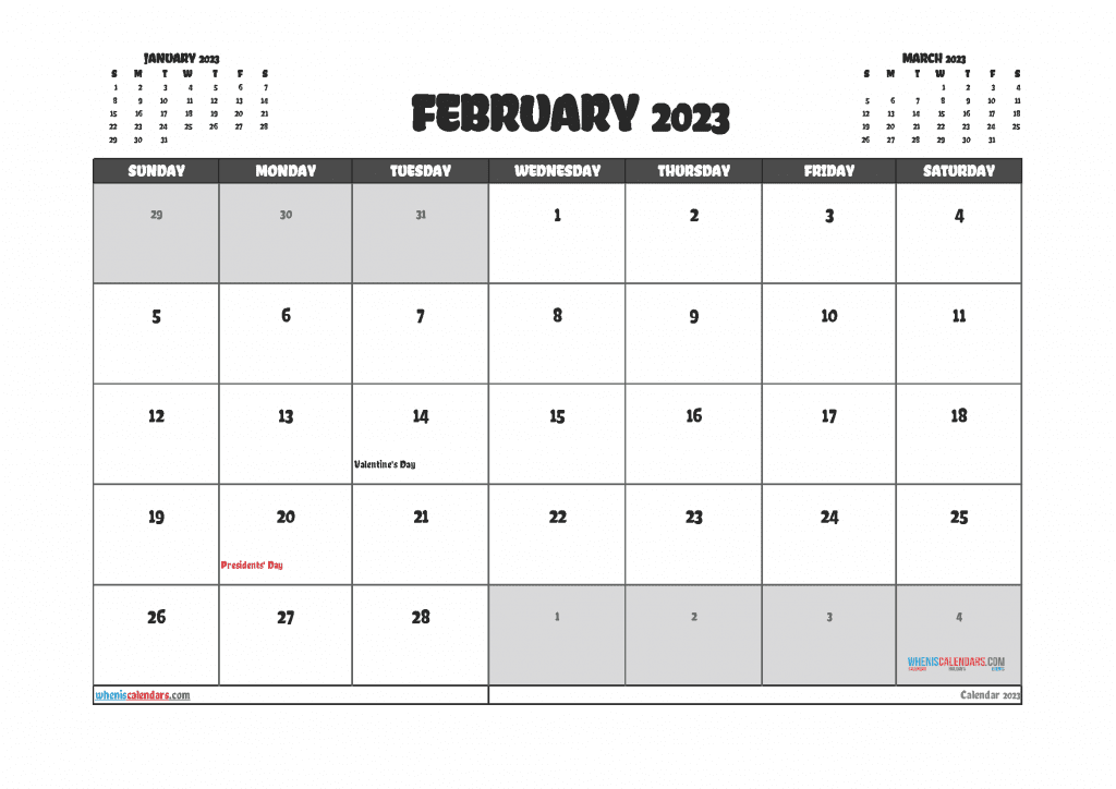 Free February 2023 Calendar with Holidays Printable in Landscape