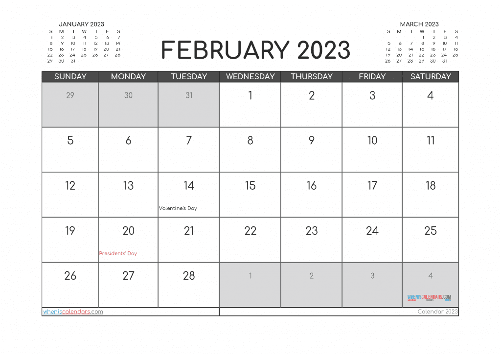 Free February 2023 Calendar with Holidays Printable PDF in Landscape and Portrait