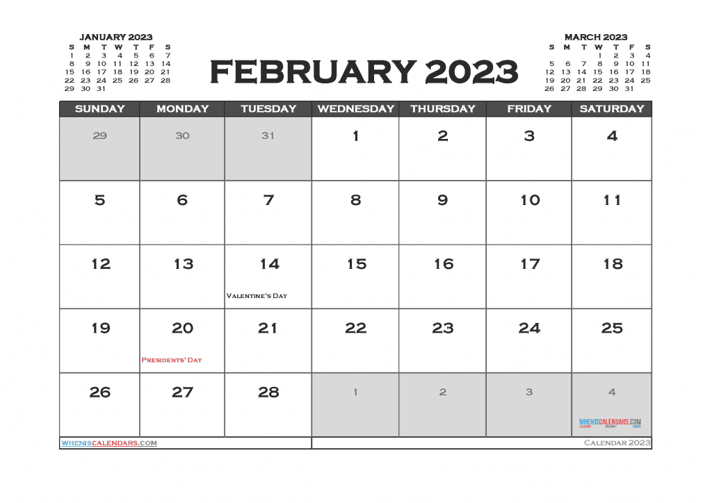 Free Printable Calendar February 2023 with Holidays in Landscape and Portrait