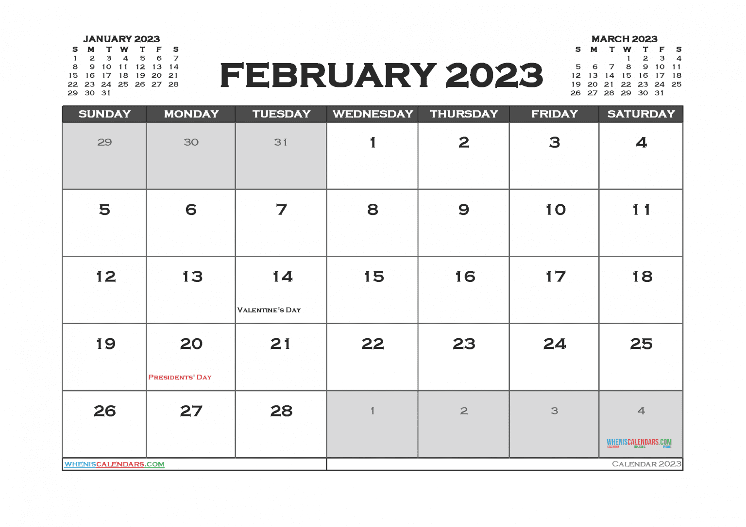 Free February Calendar 2023 With Holidays Printable Pdf
