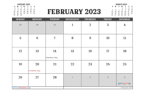 Free Printable Calendar February 2023 with Holidays PDF in Landscape and Portrait
