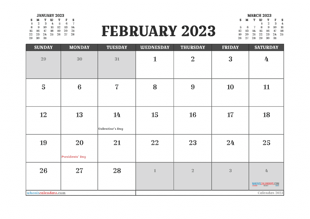 Download February 2023 Calendar with Holidays Printable Free PDF in Landscape and Portrait Page Orientation