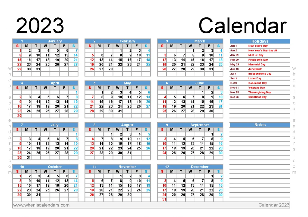 Free Printable 2023 Calendar with Holidays in Landscape