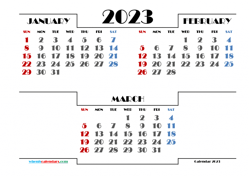 Free January February March 2023 Calendar Printable in landscape with three months on a separate page