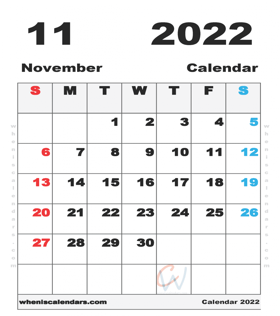 Free Blank November 2022 Calendar Printable  in portrait