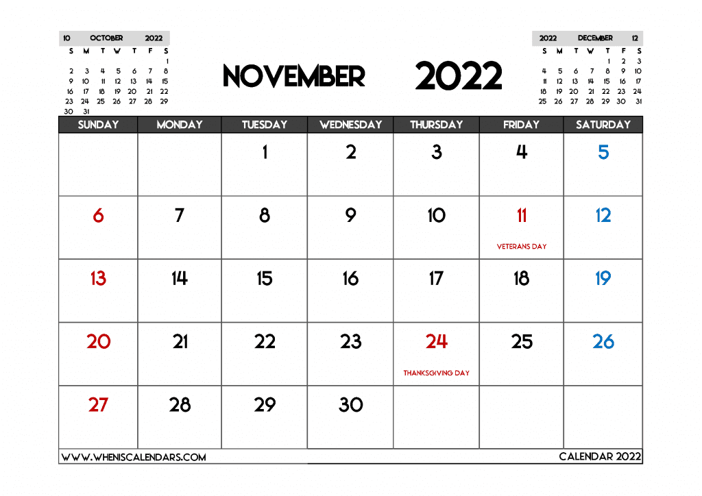 Free Printable November 2022 Calendar with Holidays in landscape and portrait