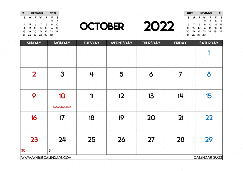 Free Printable October 2022 Calendar with Holidays PDF Landscape