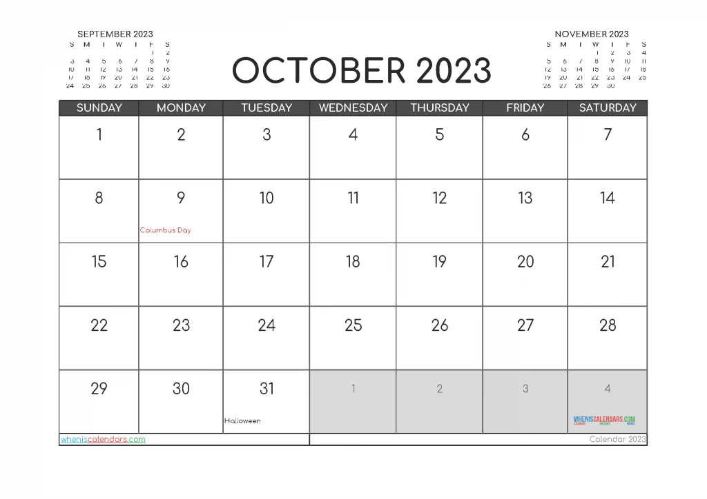 Free Printable October 2023 Calendar with Holidays Monthly Calendar