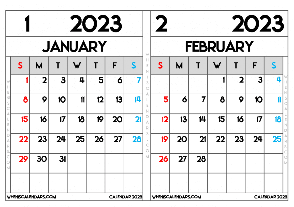 Free January and February 2023 Calendar in Landscape