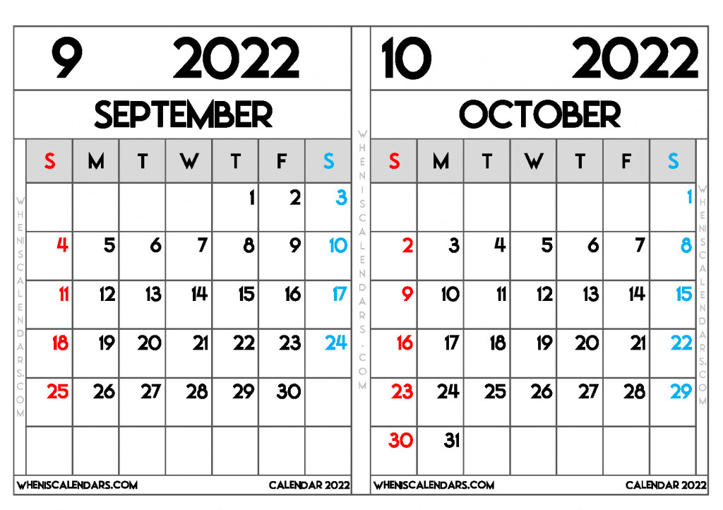 Free Printable September and October 2022 Calendar Two Months on a separate pages in Landscape and Portrait
