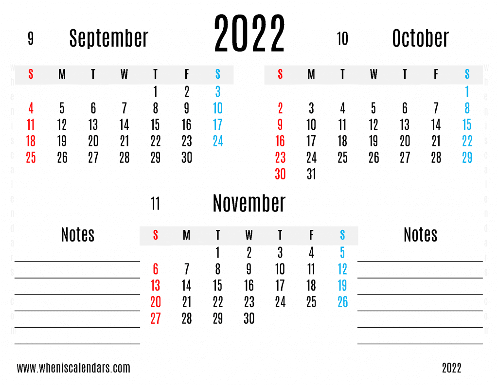 Free September October November 2022 Calendar Printable PDF in Landscape