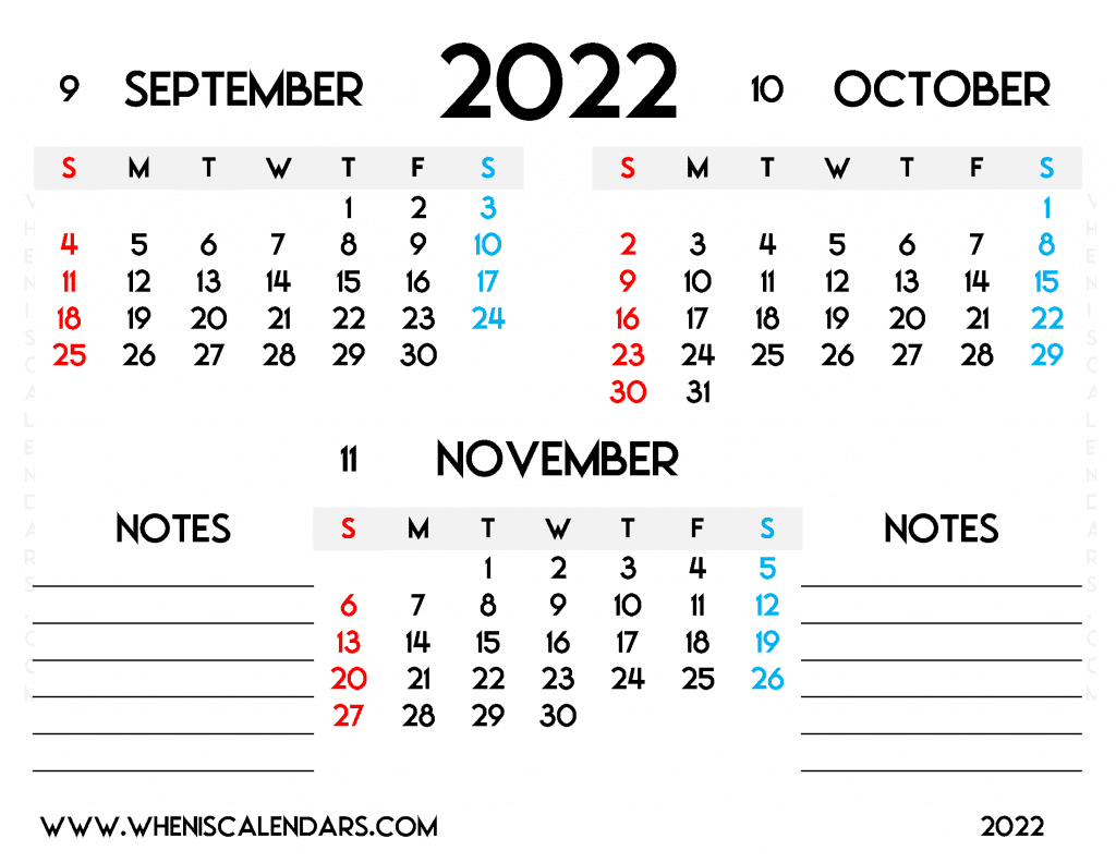 Free September October November 2022 Calendar Printable PDF in Landscape