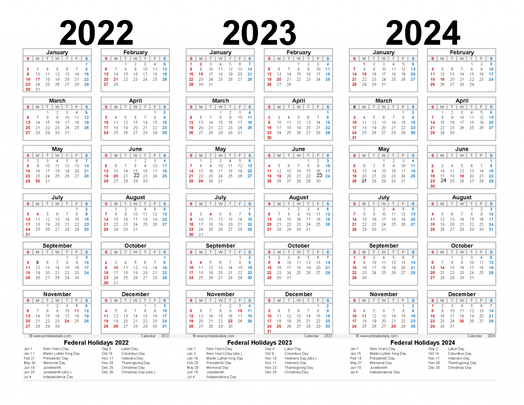 Free 2022 2023 2024 Calendar with Holidays Printable in Landscape