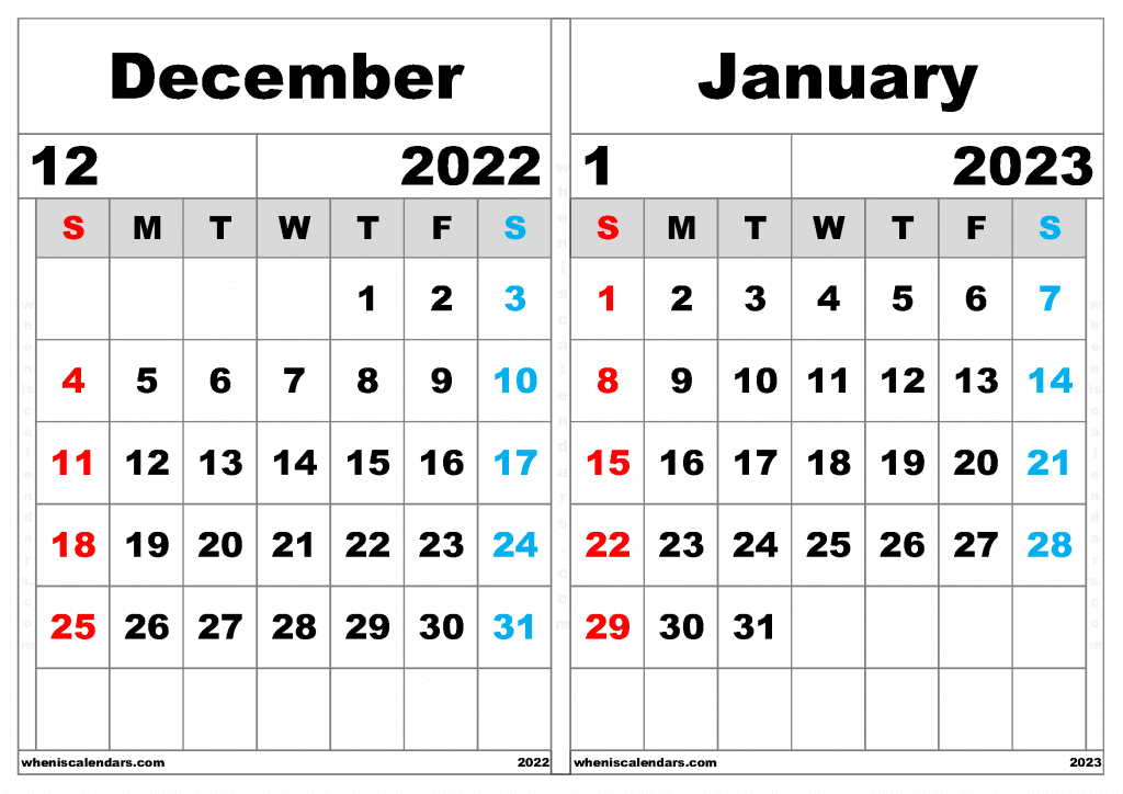 Free December 2022 January 2023 Calendar Printable Two Month On A Separate Page