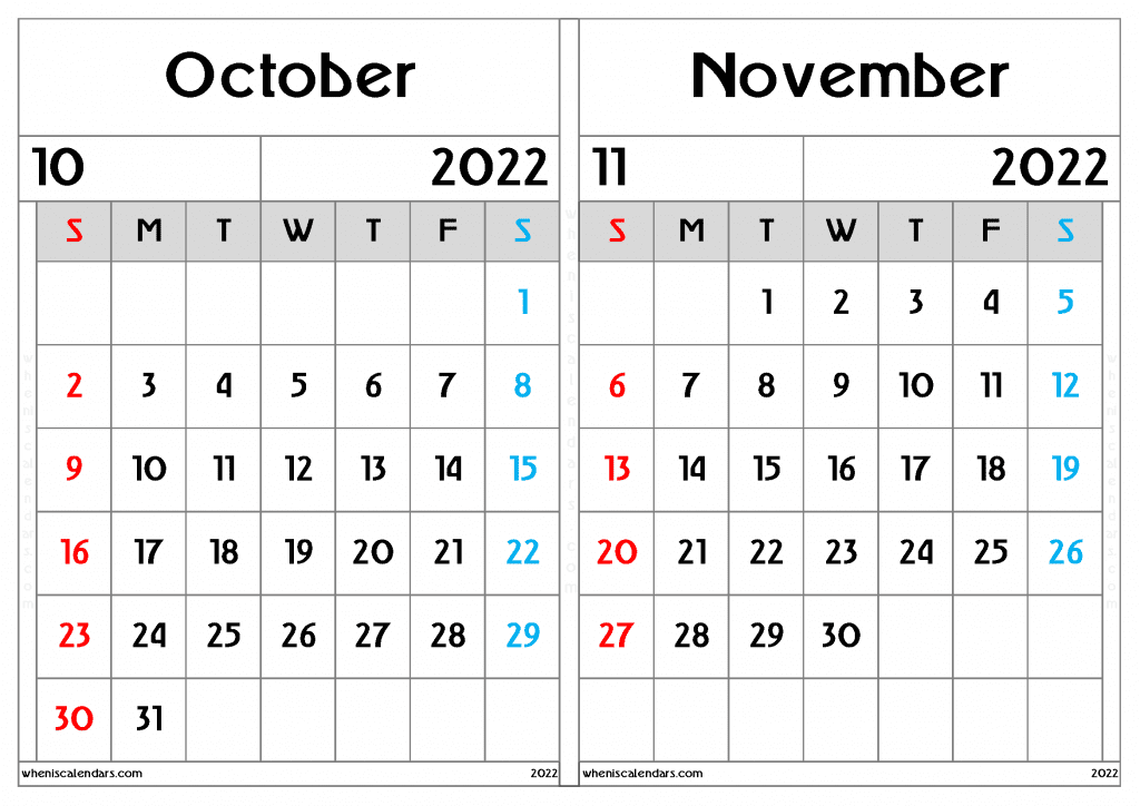 Free October November 2022 Calendar Printable Two Month On A Separate Page