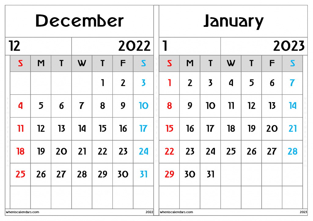 Free December 2022 January 2023 Calendar Printable Two Month On A Separate Page