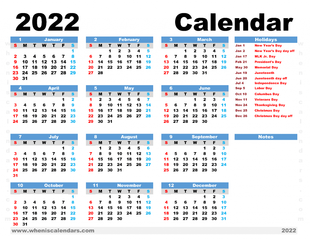 Free Printable 2022 Calendar with Holidays PDF in Landscape