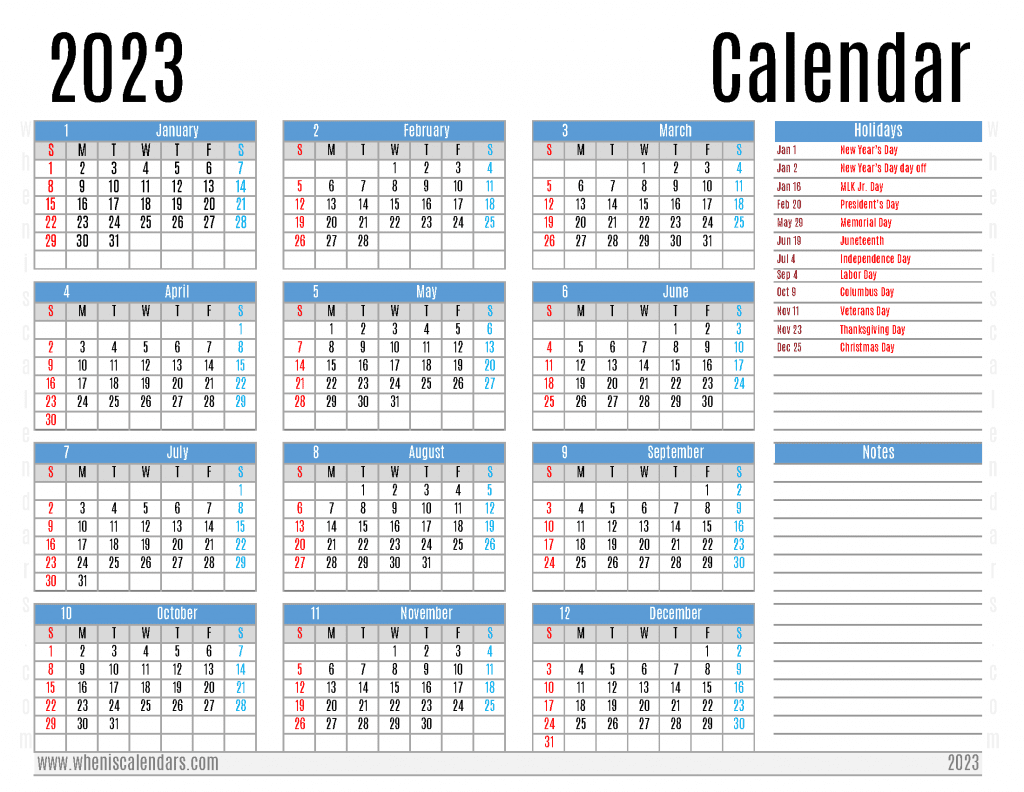 Free Printable 2023 Yearly Calendar with Holidays PDF in Landscape