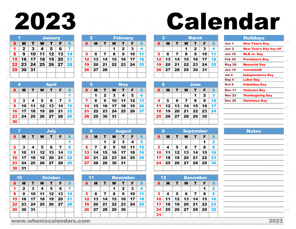 Free Printable 2023 Yearly Calendar with Holidays PDF in Landscape Arial Black font family