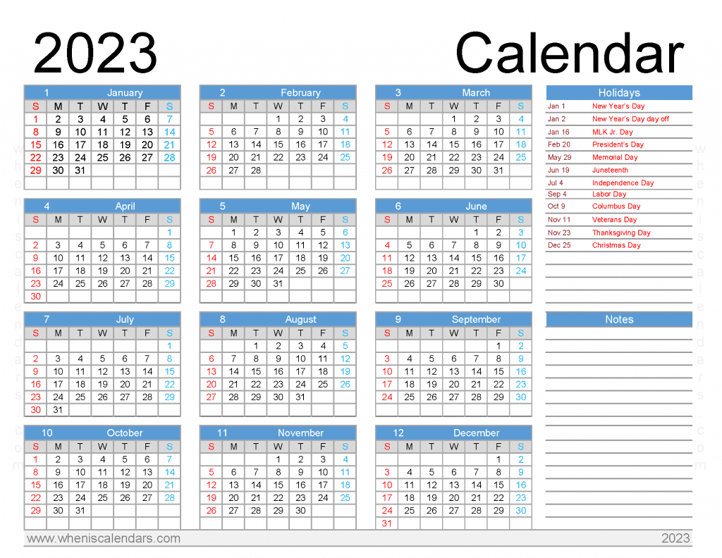 Free Printable 2023 Yearly Calendar with Holidays PDF in Landscape