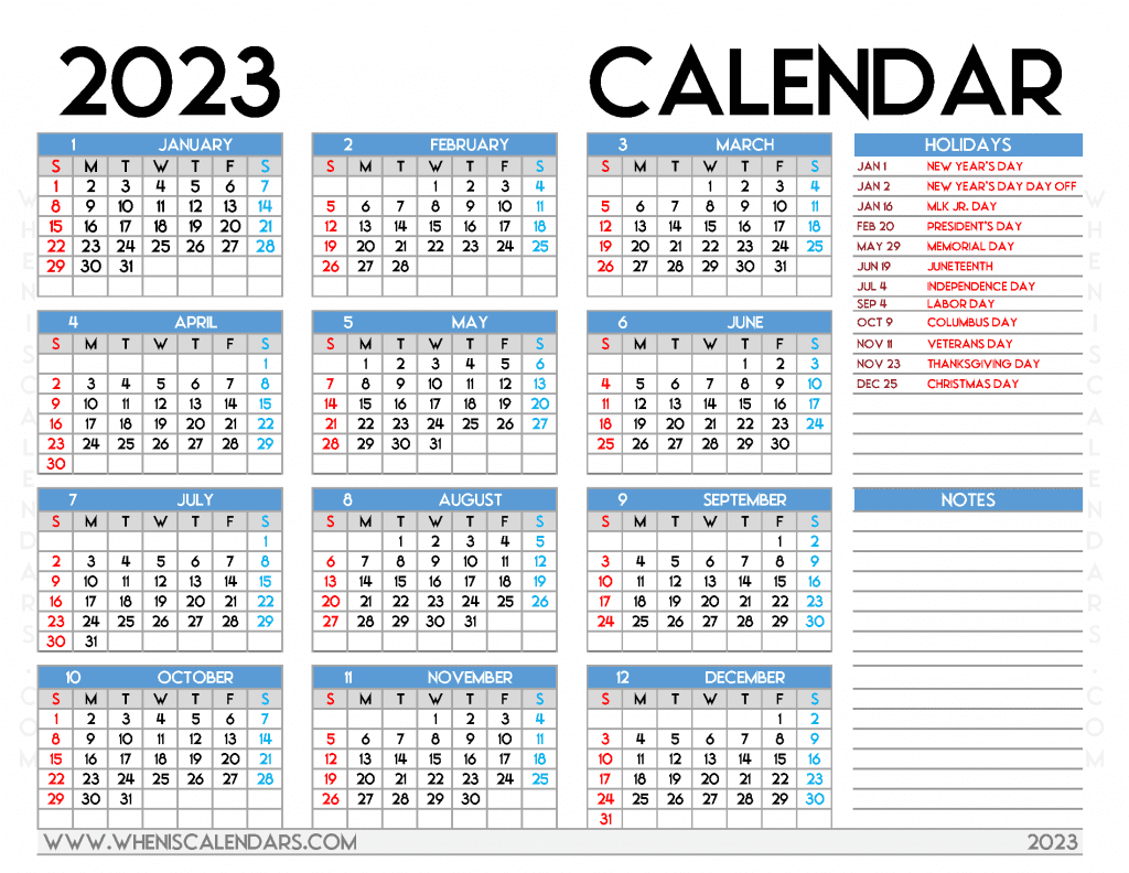 Free Printable 2023 Yearly Calendar with Holidays PDF in Landscape Moonrising free font
