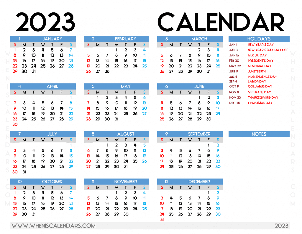 Free Printable 2023 Calendar with Holidays PDF in Landscape