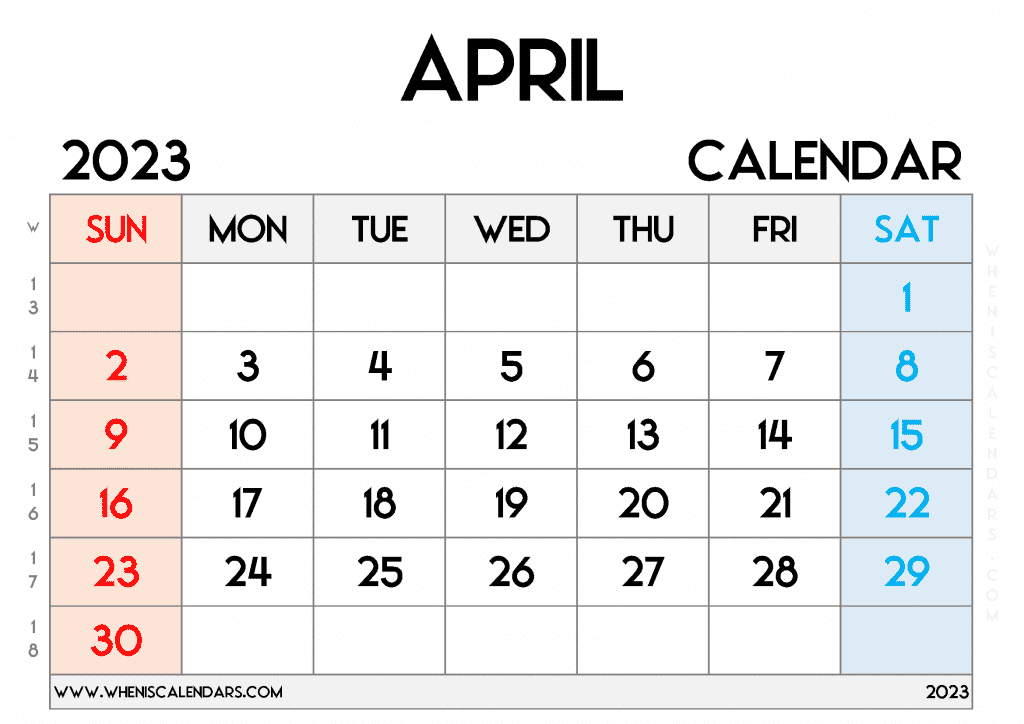 Free Printable April 2023 Calendar with Week Numbers Blank April 2023 Calendar PDF in Landscape