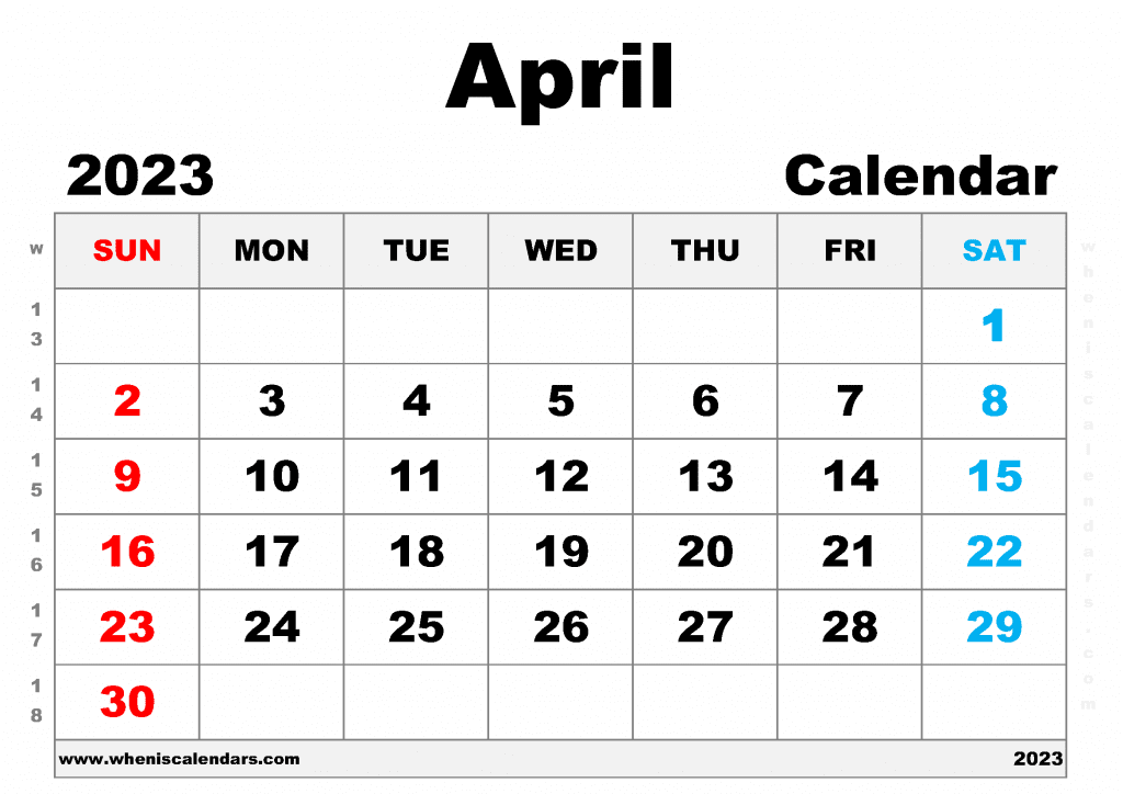 Free Printable April 2023 Calendar with Week Numbers Blank April 2023 Calendar PDF in Landscape