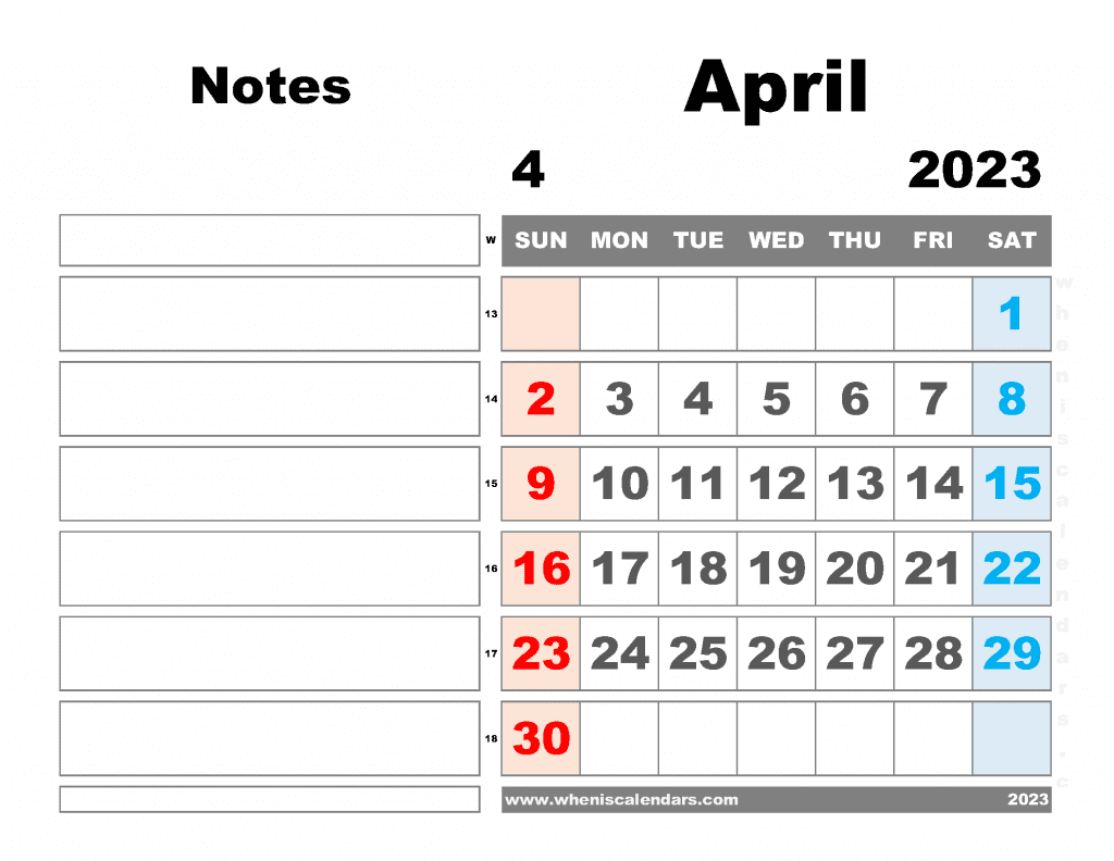 blank April calendar 2023 free blank monthly calendar 2023 printable with Notes PDF in Landscape