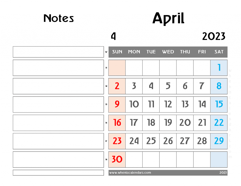 Free Blank April 2023 Calendar Printable Monthly with Notes PDF in Landscape