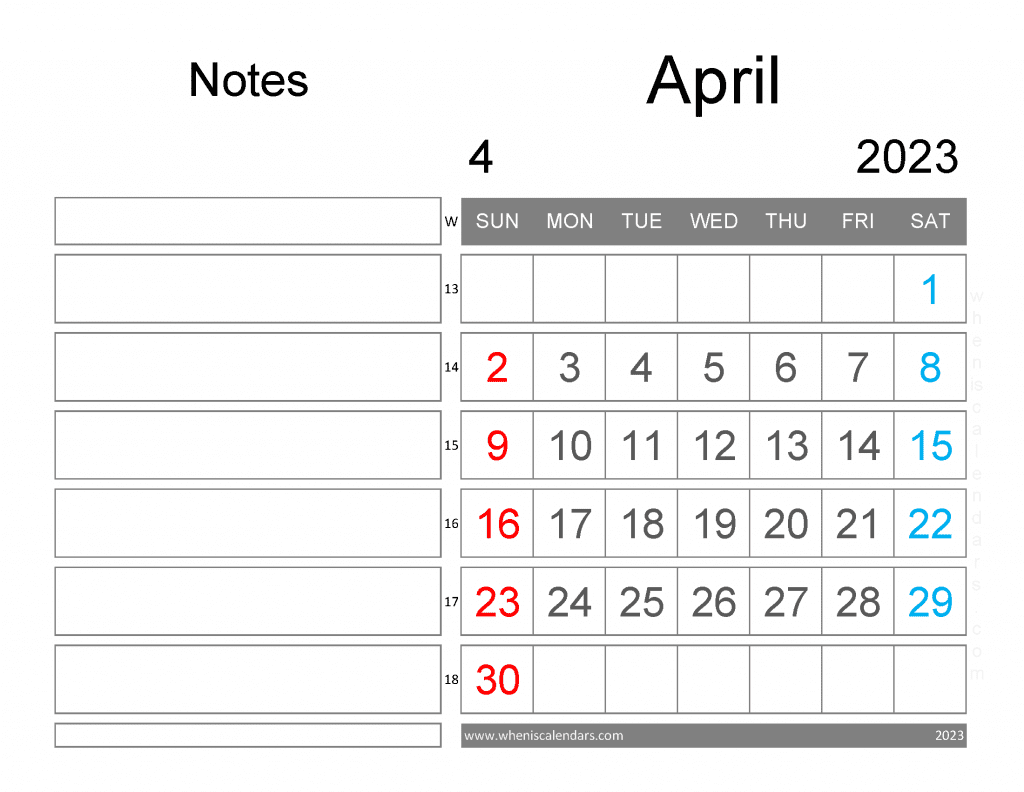 Free Blank April 2023 Calendar Printable Monthly with Notes PDF in Landscape