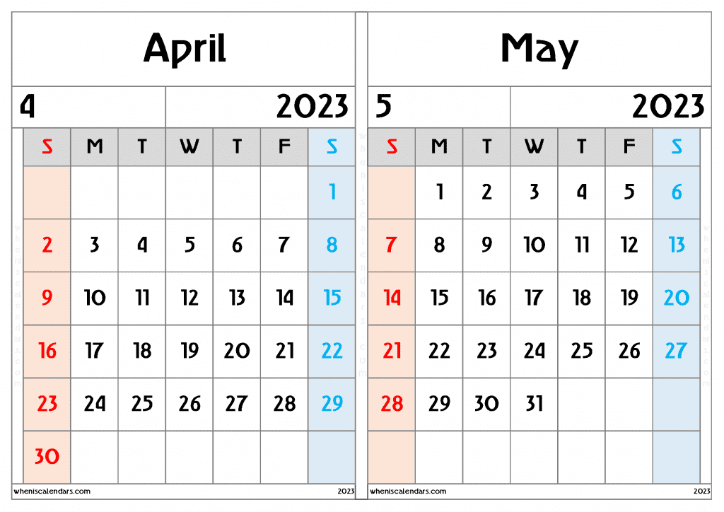 Free April May 2023 Calendar Printable Two Month On A Separate Page