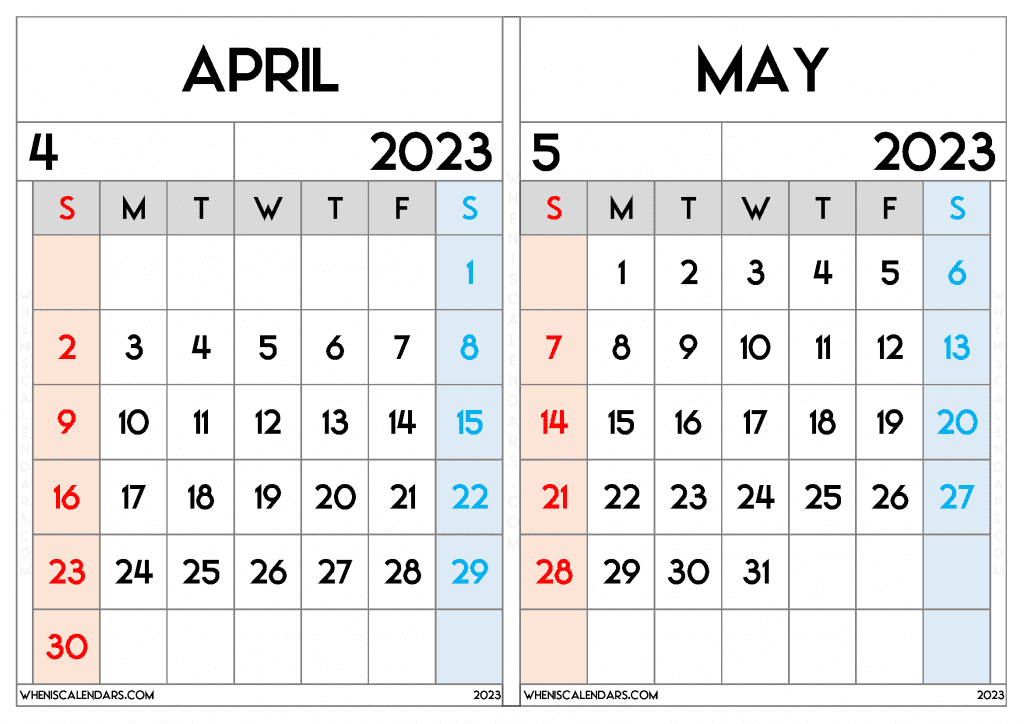 Free April May 2023 Calendar Printable Two Month On A Separate Page
