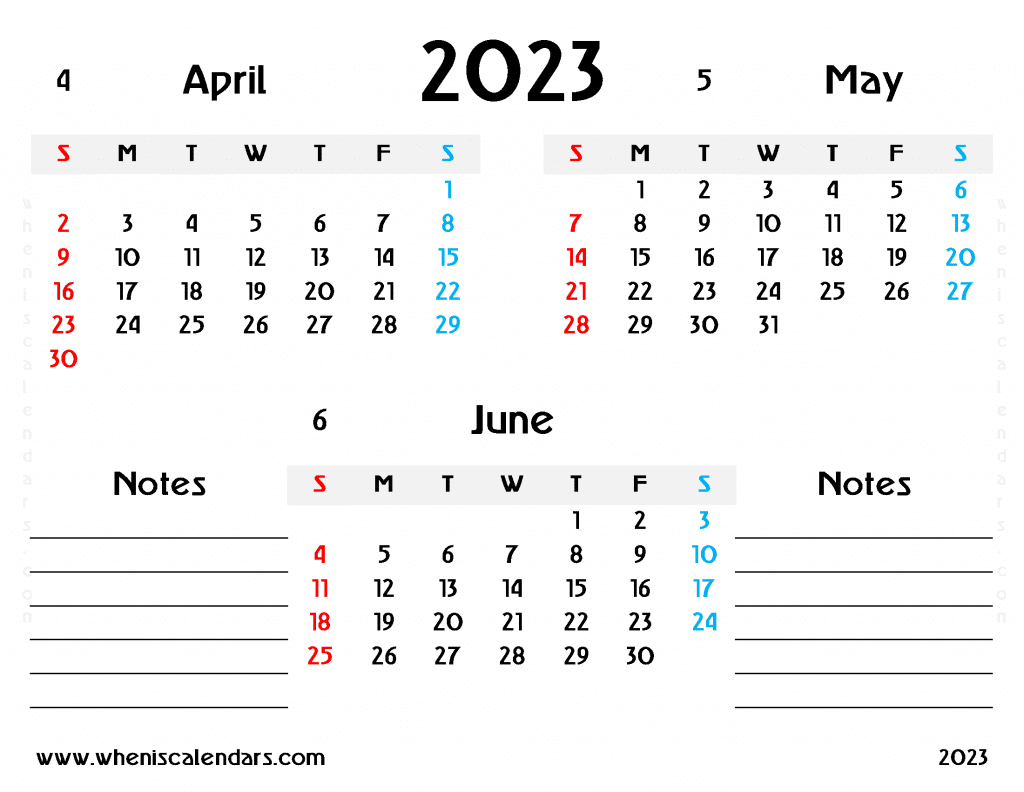 Free April May June 2023 Calendar Printable Quarterly Calendar 2023 PDF in Landscape