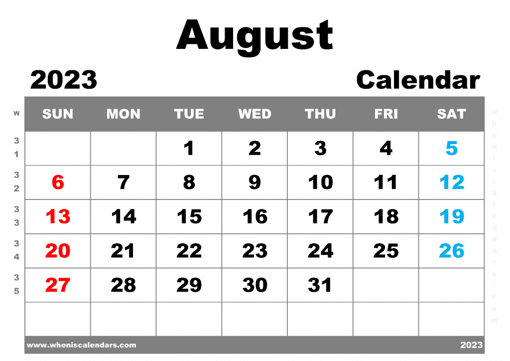 Free Printable August 2023 Calendar with Week Numbers Blank August 2023 Calendar PDF in Landscape
