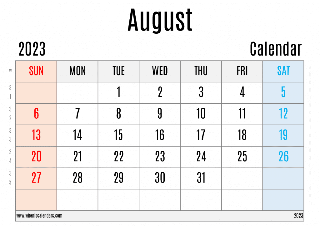 Free Printable August 2023 Calendar with Week Numbers Blank August 2023 Calendar PDF in Landscape