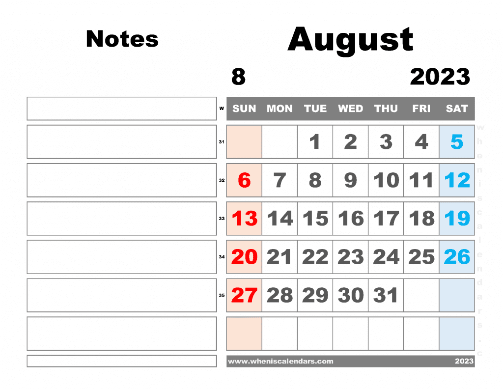 Free Blank August 2023 Calendar Printable Monthly Calendar with Notes PDF in Landscape
