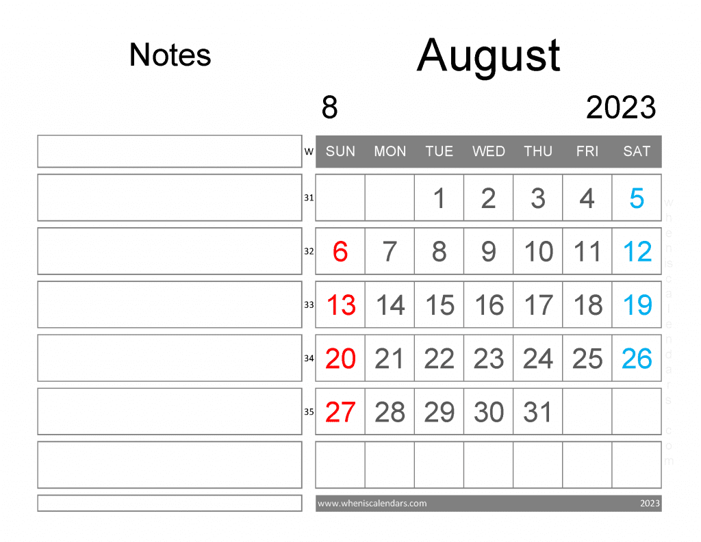 Free Blank August 2023 Calendar Printable Monthly Calendar with Notes PDF in Landscape