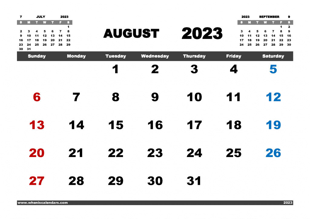 Downloadable Free August 2023 Calendar with Holidays Printable PDF in Landscape