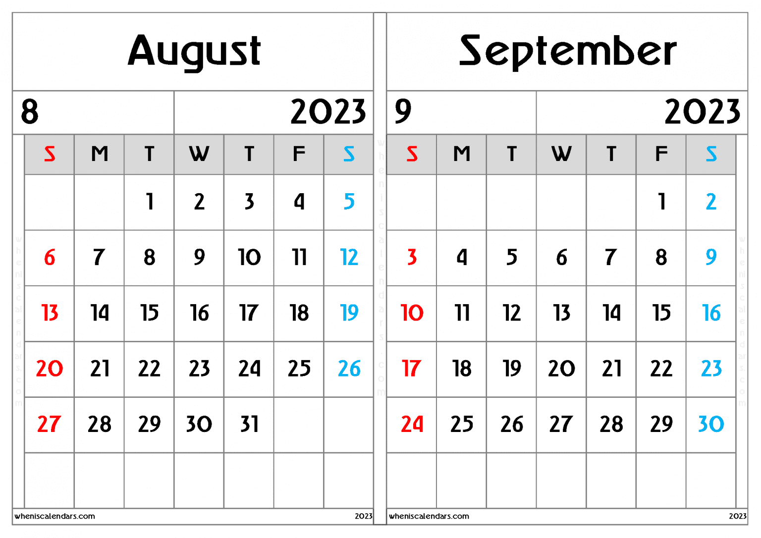 Free August September 2023 Calendar Printable PDF In Landscape Two