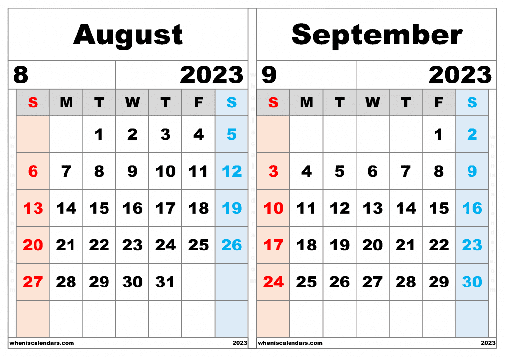 Free August September 2023 Calendar Printable Two Month On A Separate Page
