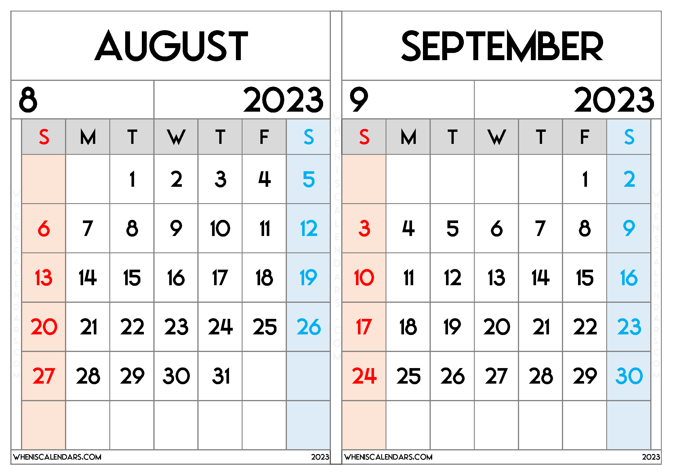 Free August September 2023 Calendar Printable Pdf In Landscape Two Month  Calendar
