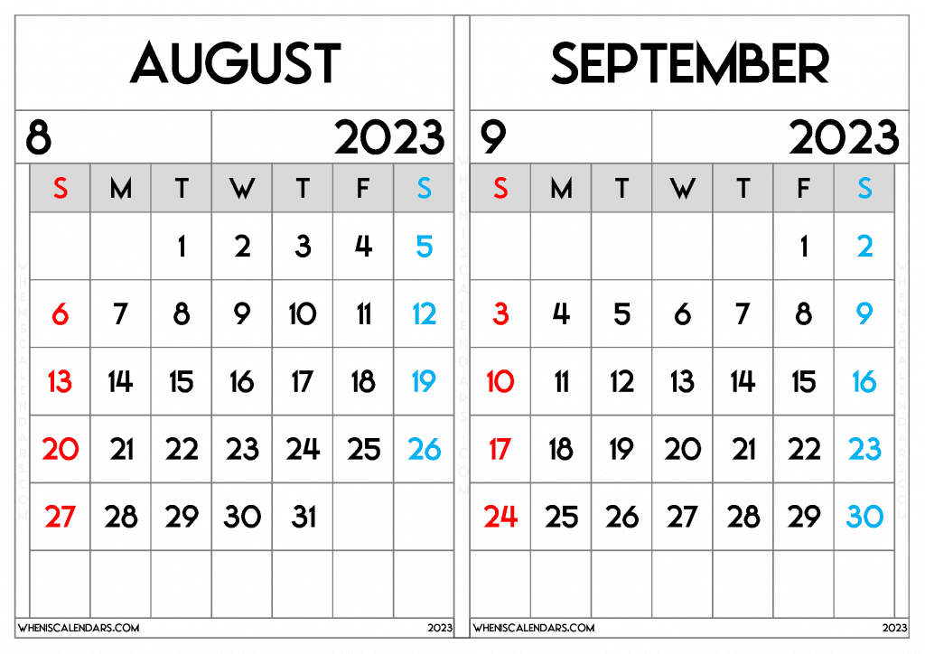 Free August September 2023 Calendar Printable Two Month On A Separate Page
