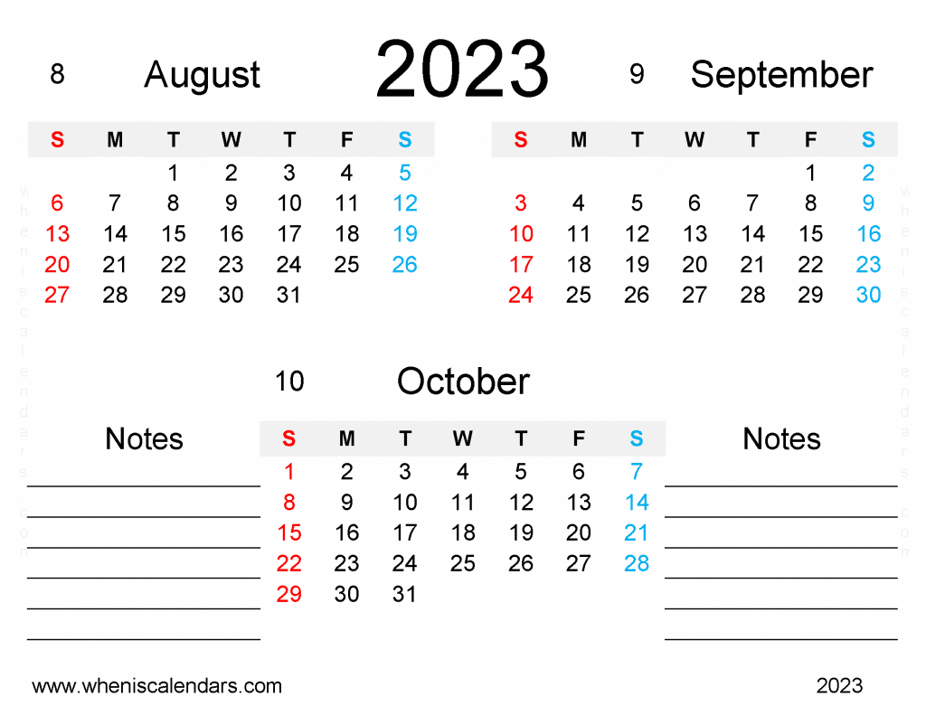 Free August September October 2023 Calendar Printable Quarterly Calendar PDF in Landscape
