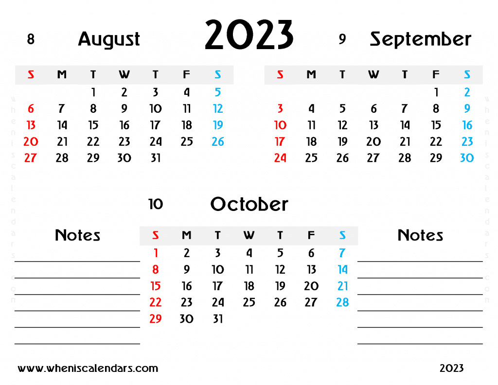Free August September October 2023 Calendar Printable Quarterly Calendar PDF in Landscape