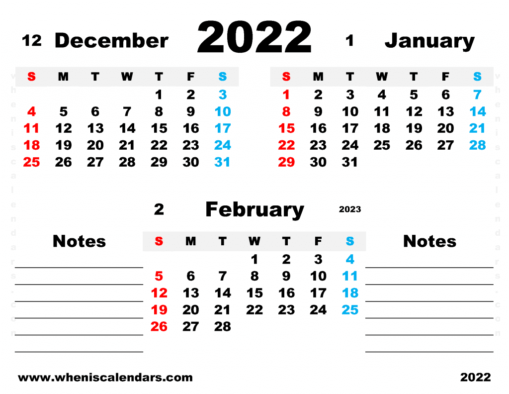 Free December 2022 January February 2023 Calendar Printable PDF in Landscape